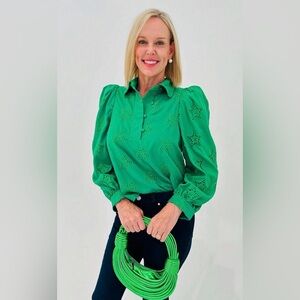 Ciebon Embroidered Green Star Patterned Blouse Size Medium